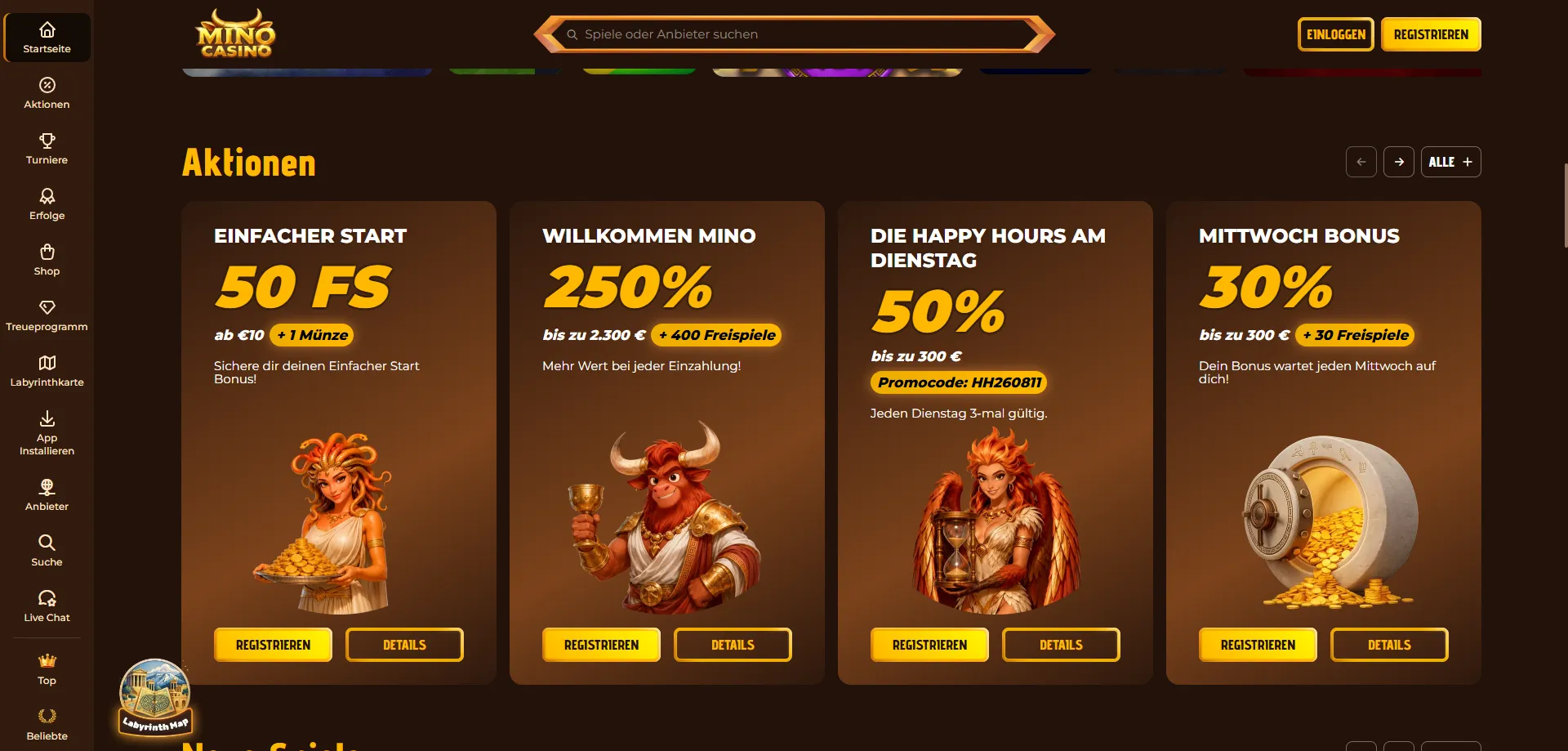 Mino Casino Willkommensbonus &ndash; 100% bis 500&euro; und Freispiele